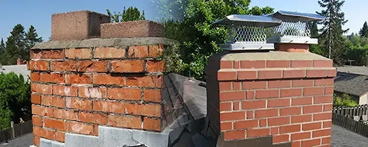 Two brick chimneys side-by-side on a rooftop. One shows signs of wear, the other with a chimney cap.
