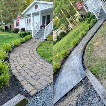 Pathways, before and after construction. One brick, one gray pavers, both leading to a white house with a porch and American flags.