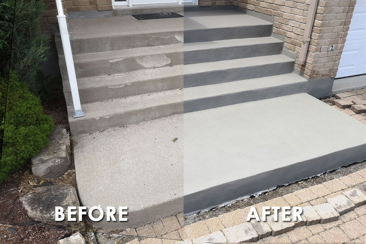 Concrete steps before and after repair, showing significant improvement in appearance.