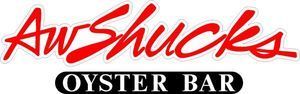 Logo for Aw Shucks Oyster Bar: red script text on white background with