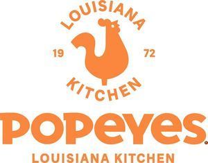 Popeyes Louisiana Kitchen logo with orange chicken graphic and text.
