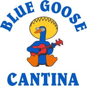 Blue goose playing a ukulele, wearing sunglasses and a sombrero;