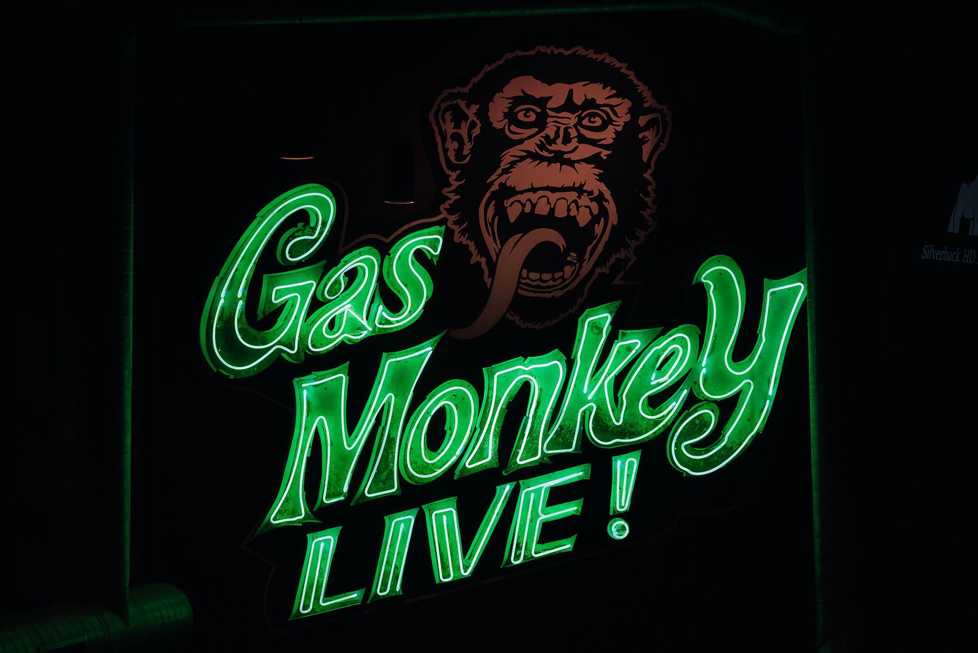 Neon sign for Gas Monkey Live! with a snarling monkey face.