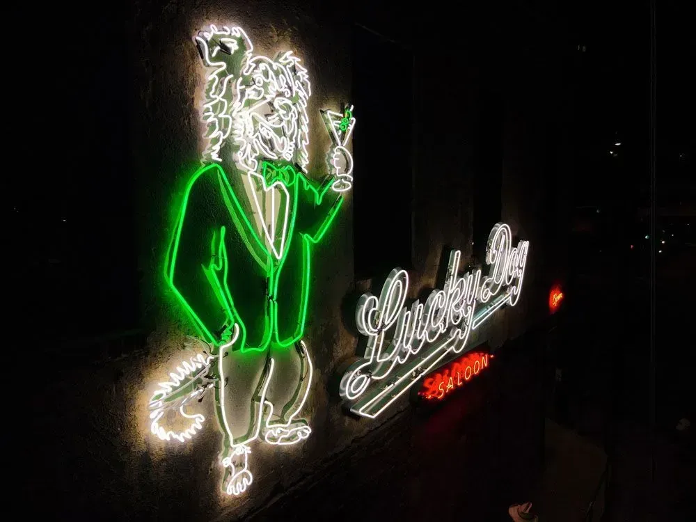 Neon sign: green outline of a dapper reptile holding a cocktail; 