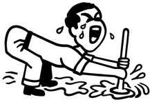Cartoon person straining while mopping a wet floor, sweating and leaning forward.