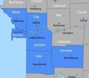 Map highlighting counties in blue: Platte, Clay, Jackson, Cass, and Johnson, located in Missouri.