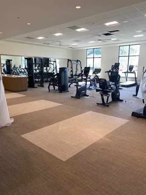 Empty gym with exercise machines, mirrored walls, and large windows on a carpeted floor.