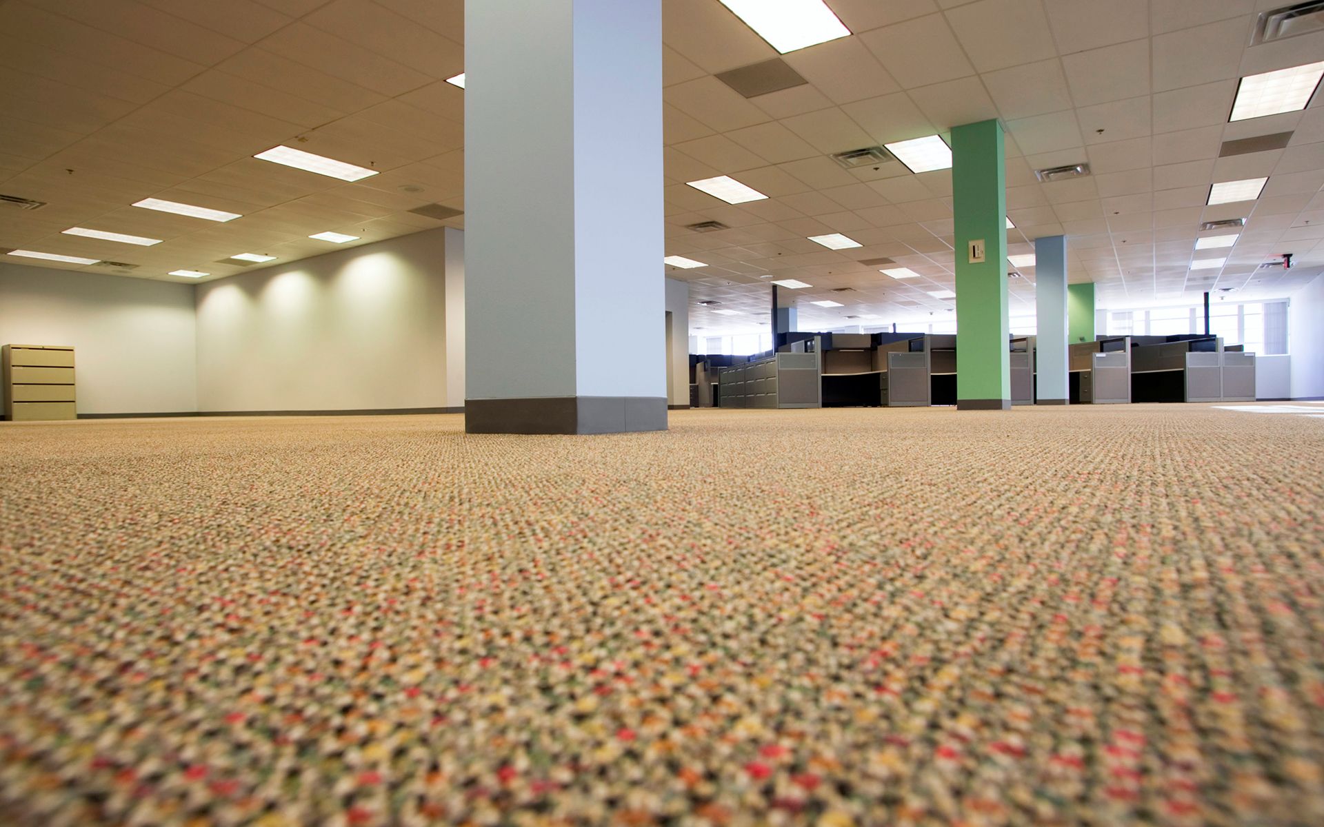 Empty carpeted office interior with rows of columns and fluorescent ceiling lights