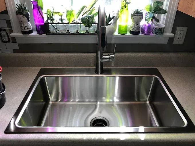 Stainless steel kitchen sink under a window with potted plants on the sill