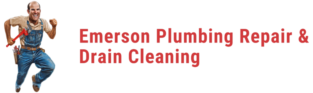 A plumber holding a pipe wrench runs beside the text "Emerson Plumbing Repair & Drain Cleaning."
