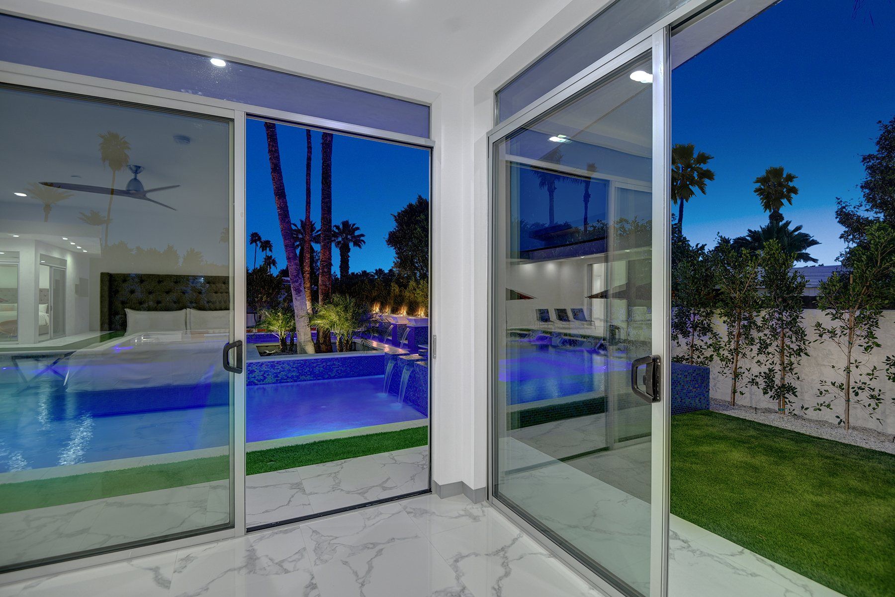 Casita to pool at night