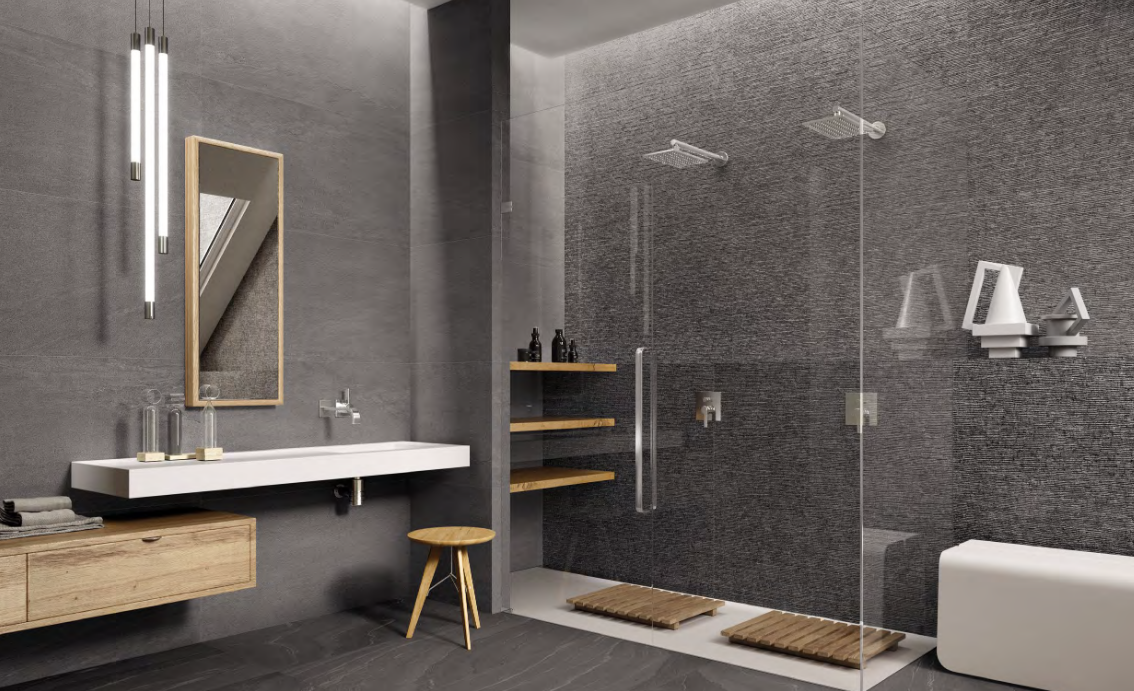 Modern gray bathroom with a shower, floating vanity, and wooden accents.