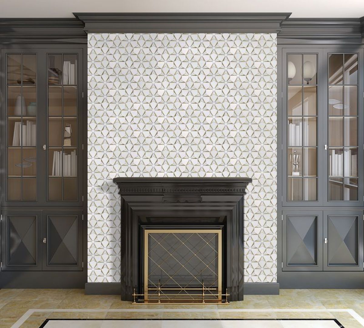 Fireplace centered between two dark gray built-in cabinets; patterned tile backsplash, black mantel, gold screen.