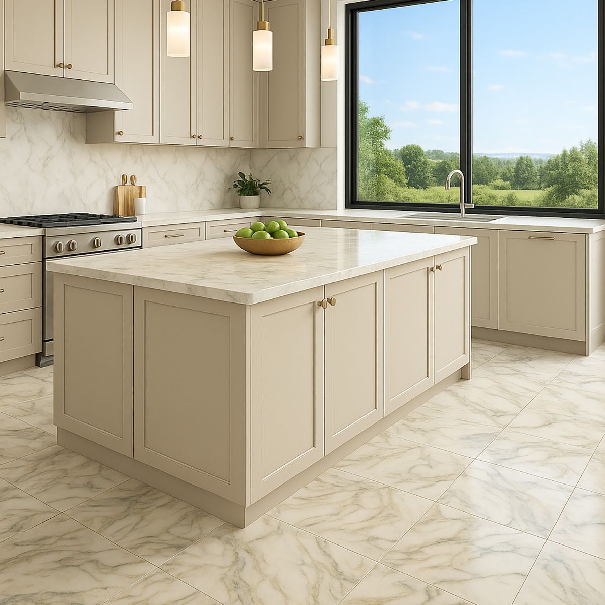 Cream-colored kitchen with an island, cabinets, a range, and a large window overlooking a green landscape.