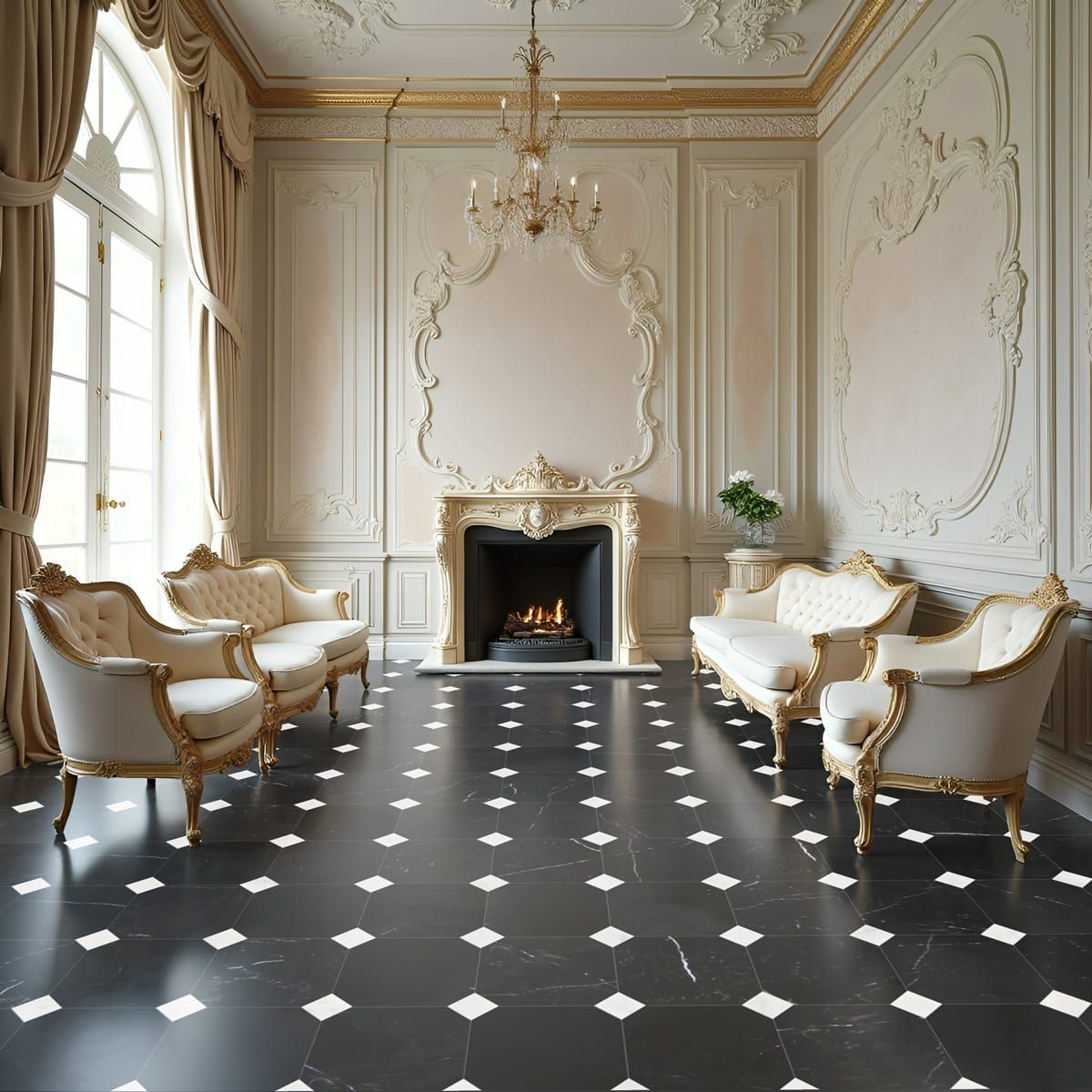Elegant living room with white sofas, ornate fireplace, black and white tiled floor.