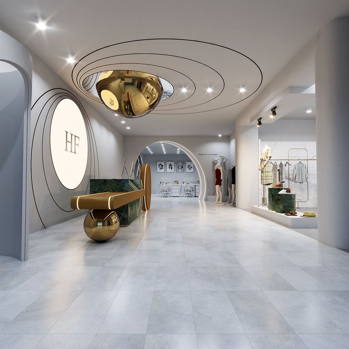 Upscale boutique interior with marble floors, gold accents, and clothing displays.