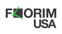 Logo for Florim USA, text in dark grey with a green stylized letter