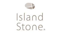 Logo for Island Stone: Light gray text and a symbol above. The symbol is a stylized stone shape divided into two light gray sections.