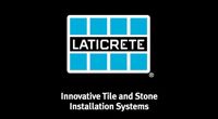 LATICRETE logo: black background with a blue and white grid graphic and text