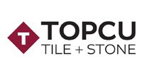 Logo for TOPCU Tile + Stone, featuring a maroon diamond with a white