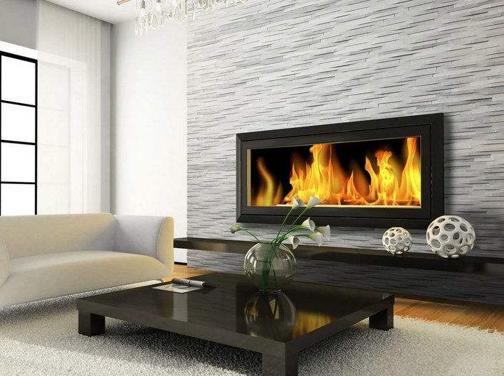 Modern living room with a fireplace, white sofa, and black coffee table.