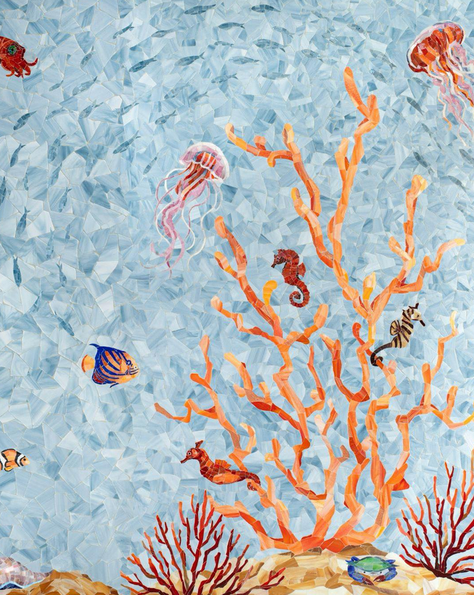 Underwater scene with coral, jellyfish, seahorses, and fish, rendered in blue, orange, and brown tones.