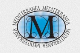 Logo for Mediterranea, an oval shape with the word Mediterranea repeated around the edge and a large blue letter