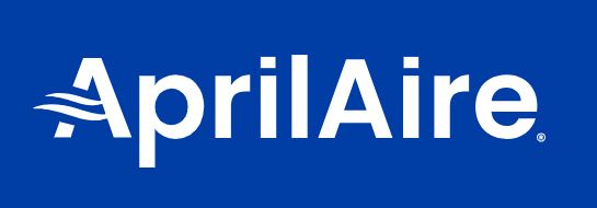 AprilAire logo on a blue background. White text and stylized air waves.