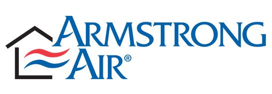 Armstrong Air logo: blue text with a house icon and wavy lines, indicating air.