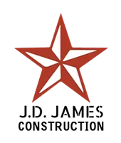 Logo for J.D. James Construction featuring a red, five-pointed star above the company name in black text.