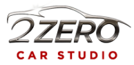 Logo for 2Zero Car Studio; text in silver with a car outline above, "CAR STUDIO" in red below.