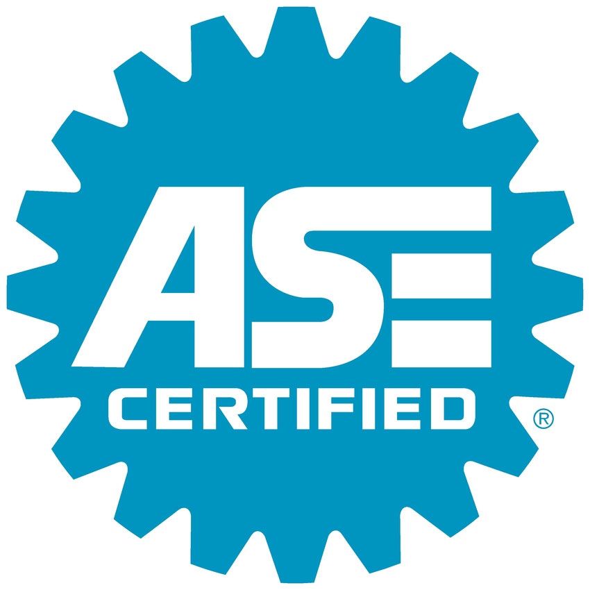 Blue and white ASE Certified logo with gear-like border.
