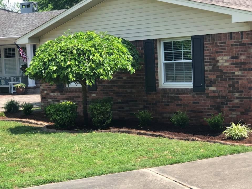 A brick house with a tree in front of it