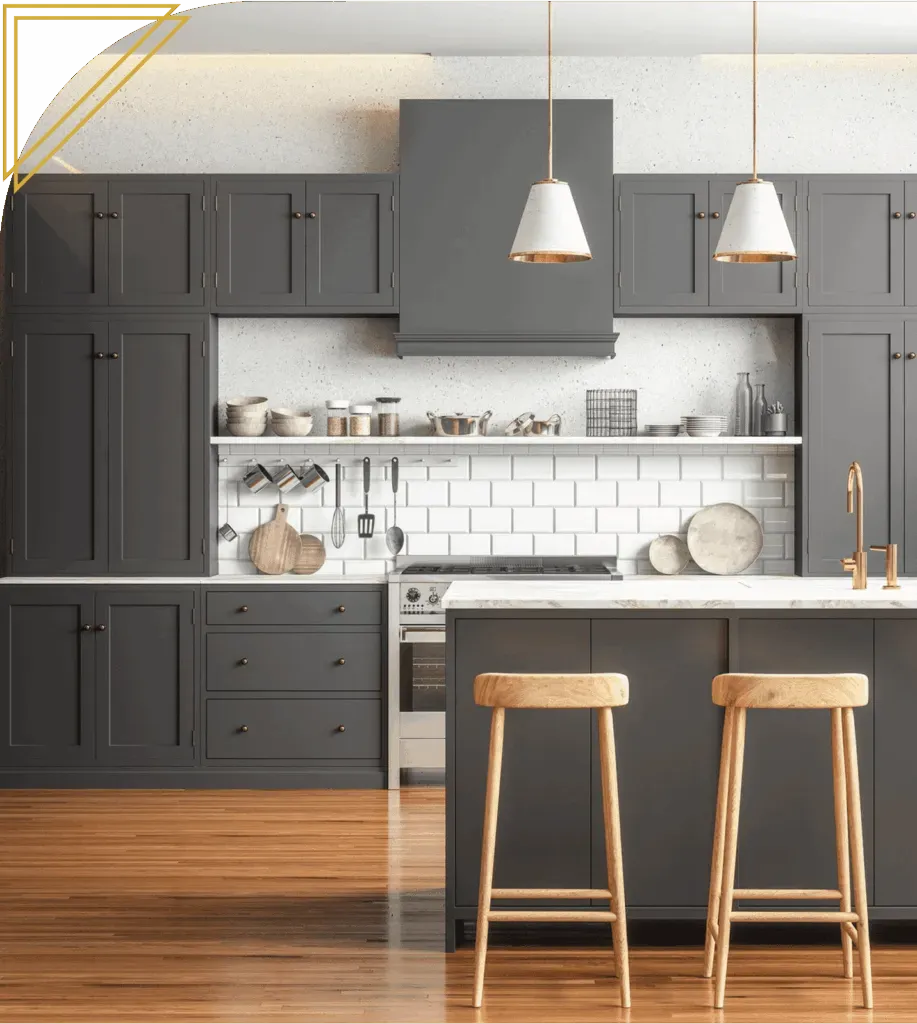 Modern kitchen with dark gray cabinets, white backsplash, wood floor, and two wooden bar stools.