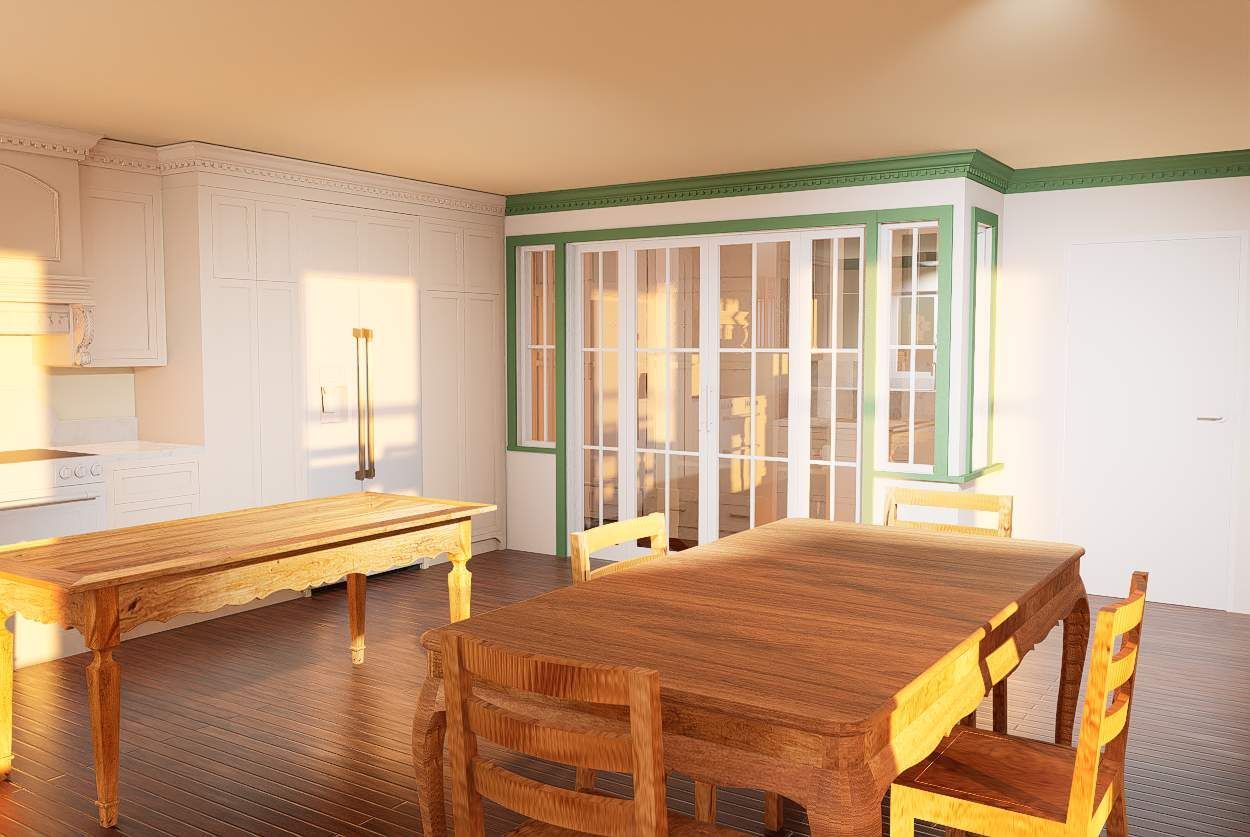 Bright dining room with wooden tables, chairs, and a green-trimmed glass partition.