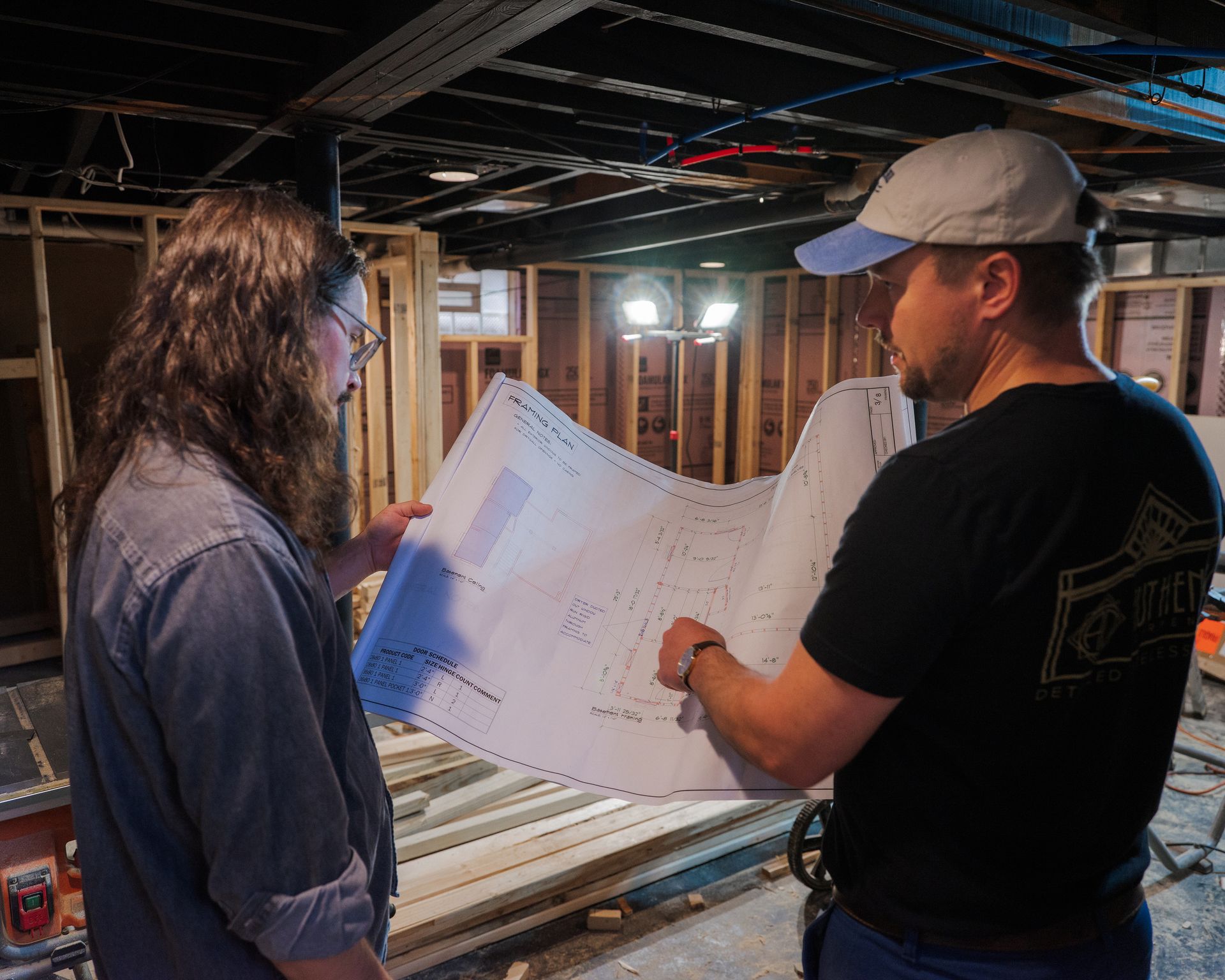 Two people reviewing blueprints in an unfinished room with exposed framing and construction materials.