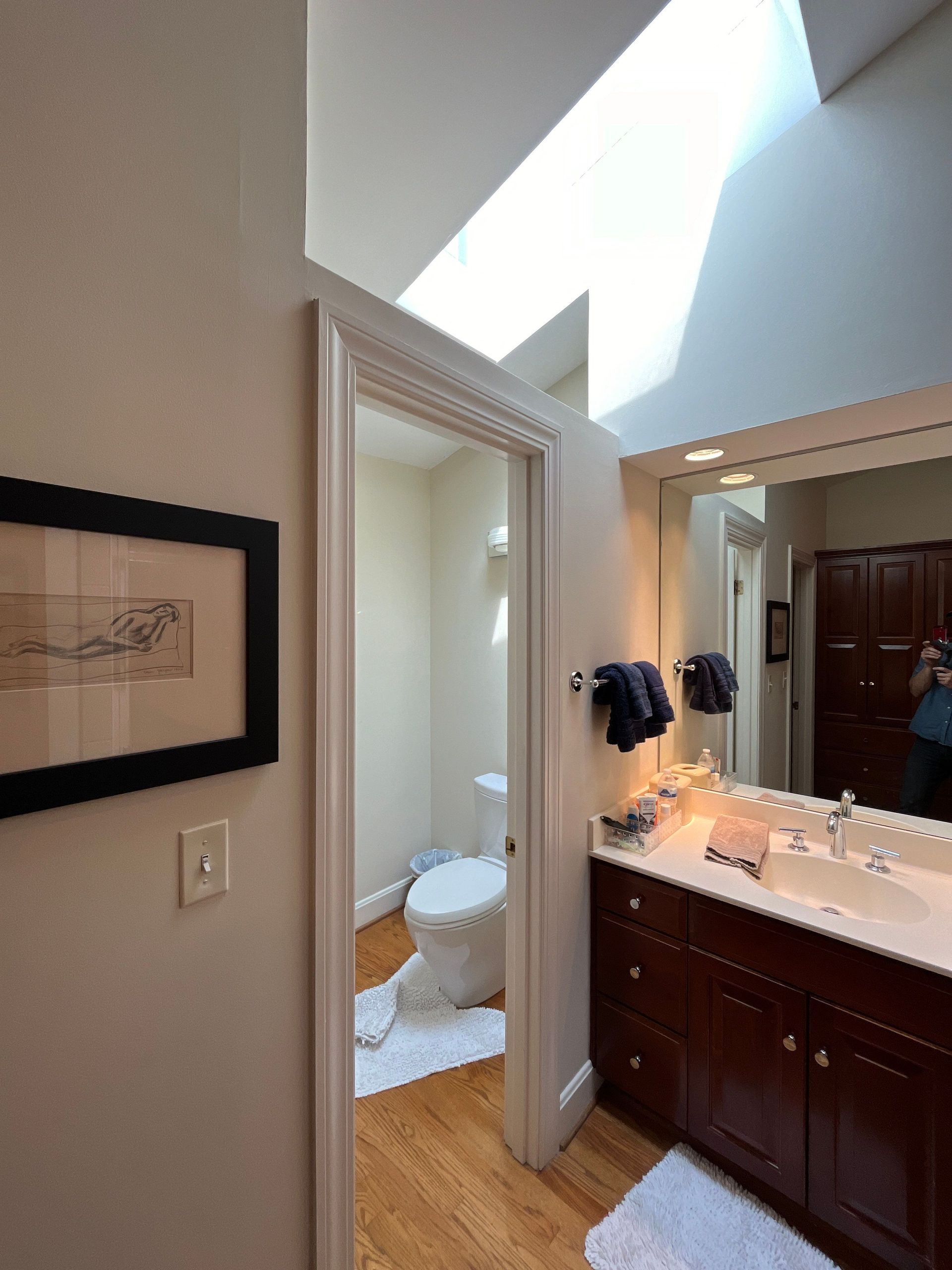 Bathroom vanity and mirror beside an open door to a toilet room, with sunlight streaming in.