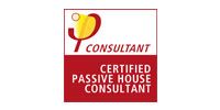 Certified Passive House Consultant logo with red and white text and a yellow-red emblem