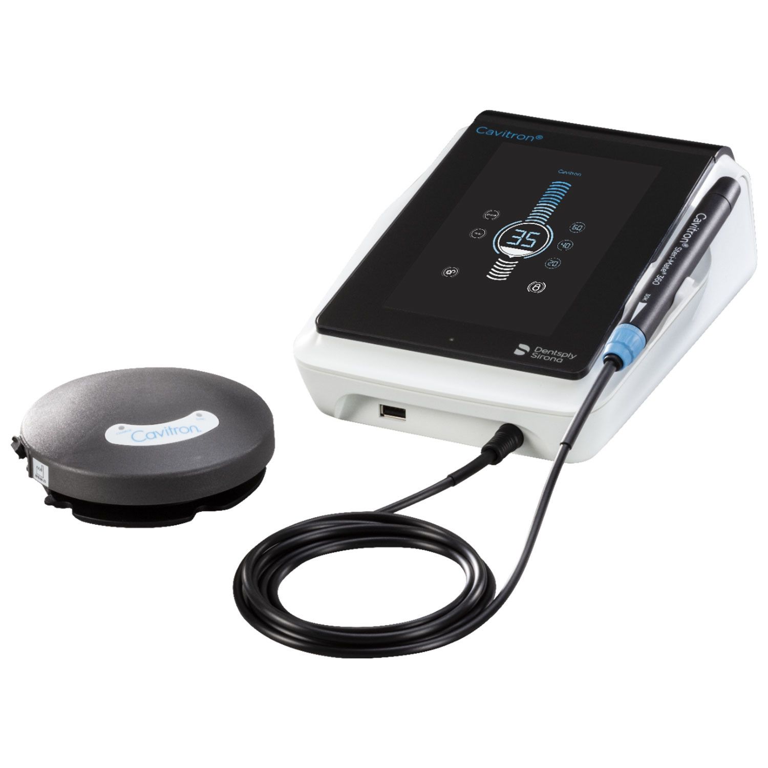 A Cavitron ultrasonic dental scaler with a black circular foot pedal, white console, and a handpiece with a blue ring.