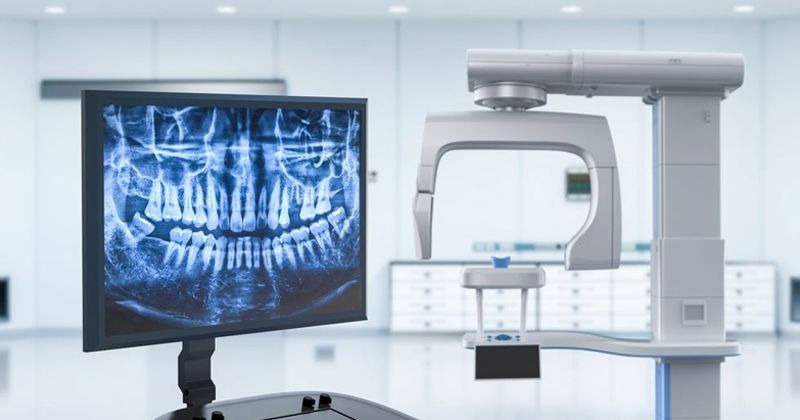 A digital monitor displays a dental panoramic X-ray next to a stationary cephalometric dental imaging machine.