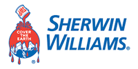 Sherwin-Williams logo: red paint pouring from can onto globe,