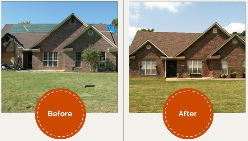 Before and after of a brick house with roof repair. The before shows roof damage. After shows the repaired roof.