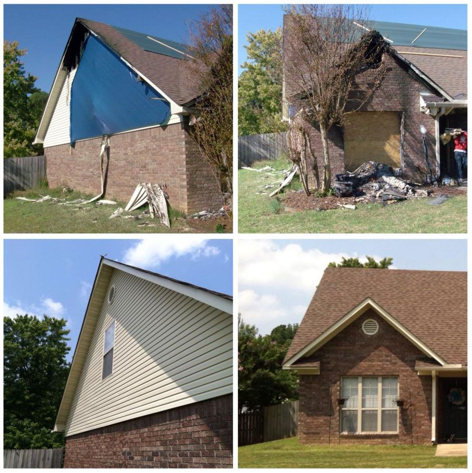 Four photos showing different angles of a brick house with extensive damage to the roof and siding, likely from a storm.