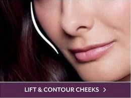 A close up of a woman 's face with the words `` lift & contour cheeks '' below it.