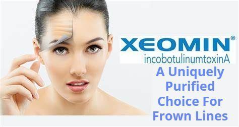 A woman is holding a bottle of xeomin incobotulinumtoxina a uniquely purified choice for frown lines.