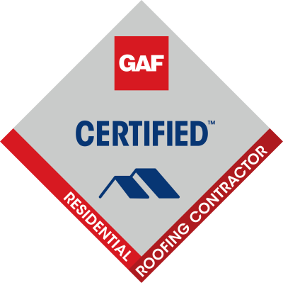 GAF Certified Residential Roofing Contractor badge in red, blue, and gray diamond logo