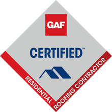 GAF Certified Residential Roofing Contractor badge in red, blue, and gray diamond logo