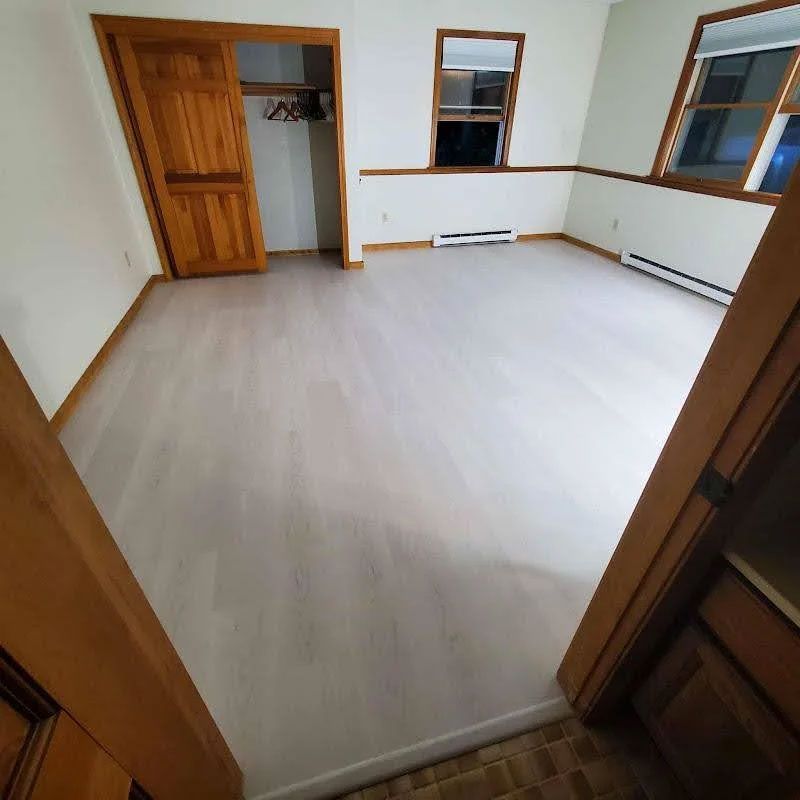 Empty room with light wood floor, white walls, two windows, and an open closet door