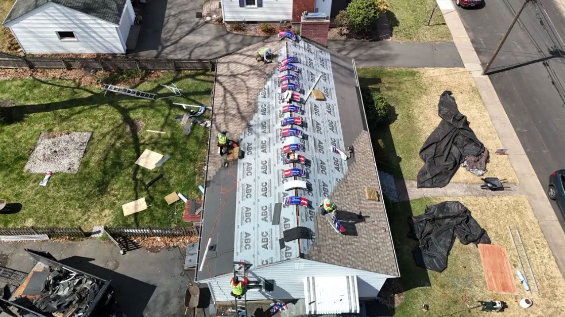 Aerial view of people lined up along a long tented walkway beside a building and sidewalk