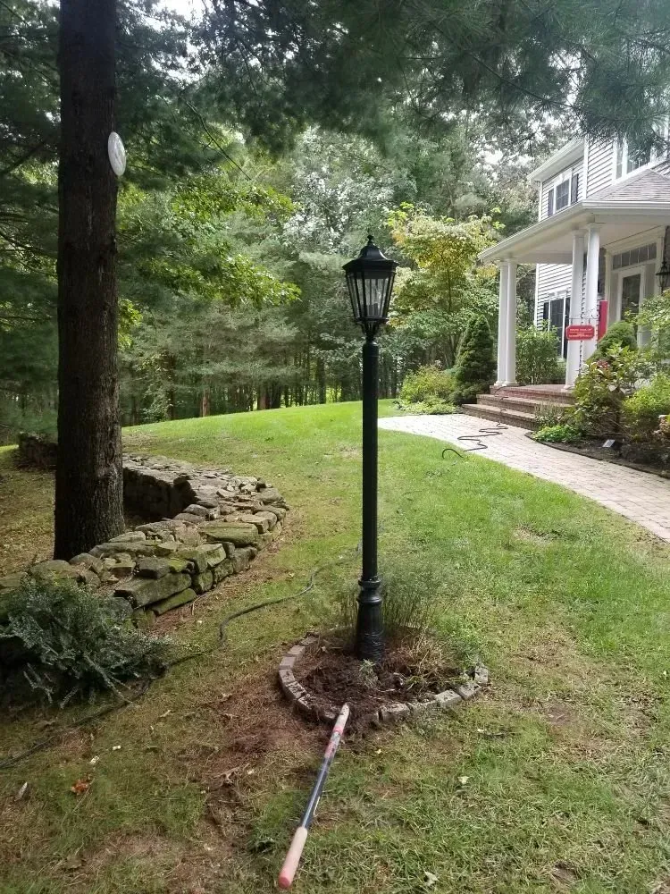 a lamp post in the middle of a lush green yard in front of a house